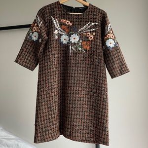Zara Tweed Shift Dress with Embroidery
